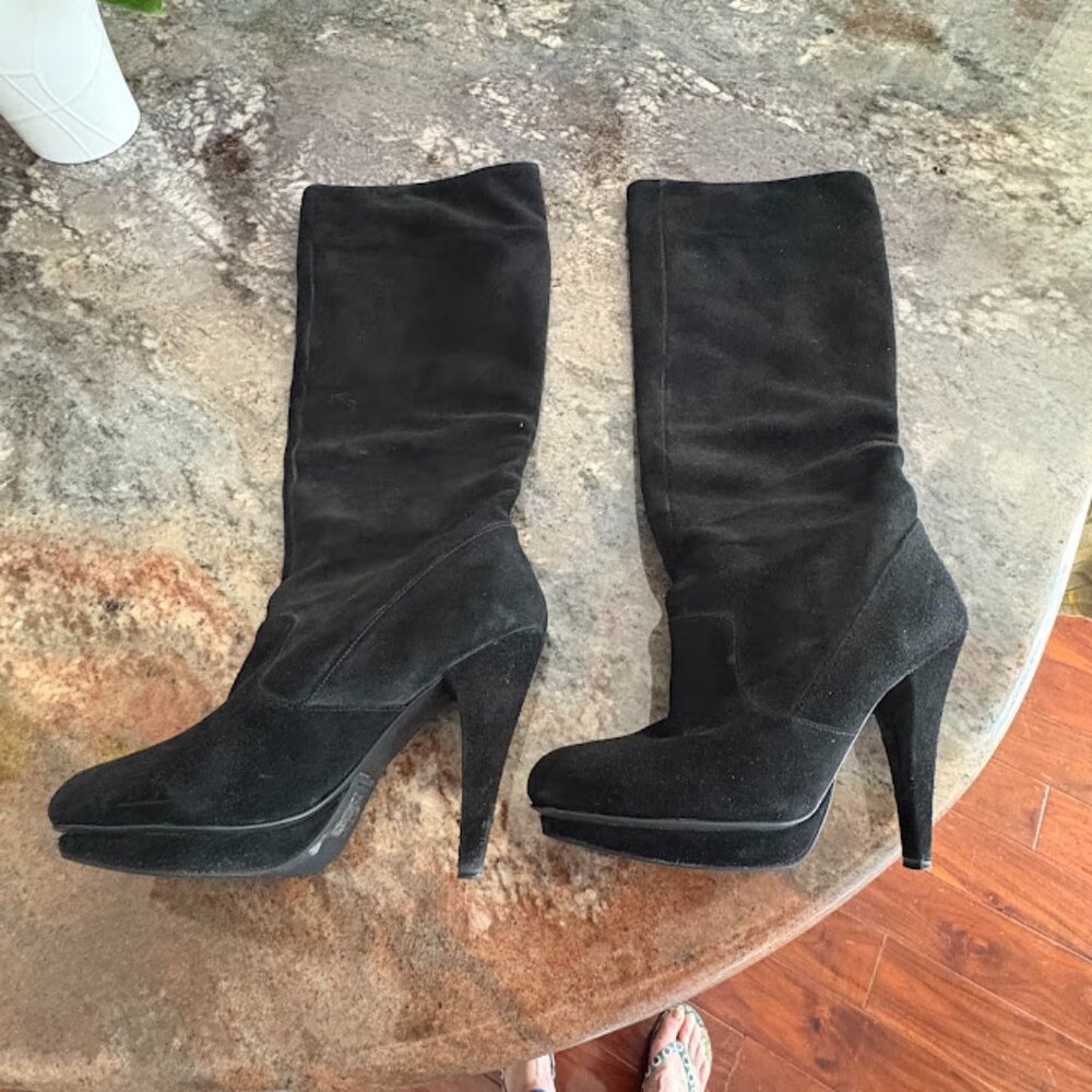 Suede Leather High Heeled Platform Boots